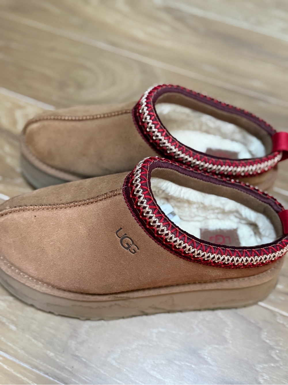 UGG Chestnut Slip-On Shearling Clog with Red Trim